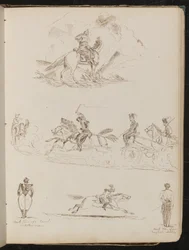 Estudio de soldados a caballo tirando de un cañón, dos vistas de artilleros, un soldado con uniforme completo en un caballo galopante