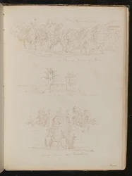 Estudio de "los cultivadores de naranjas de Niza", estudio arquitectónico de "una iglesia y convento en el camino", estudio de "mujeres de Niza en una fuente"
