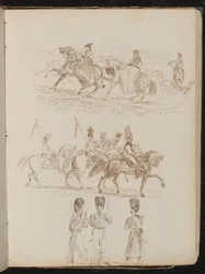 Estudio de dos mujeres y un hombre montando en paisaje montañoso, estudio de soldados a caballo, estudio de tres guardias conversando