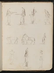 Diez estudios de soldados, caballos, mujer montando de lado