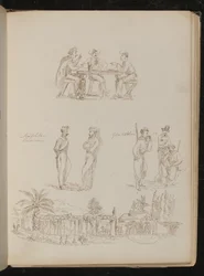 Tres soldados jugando a las cartas, dos "Prisioneros Neopolitanos" conversando, tres "Garibaldinos" descansando y fumando, una villa genovesa
