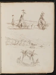 Tres estudios de islas rocosas, un paisaje acuático con personas y botes, y palmeras