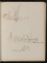 Tres estudios de barcos y paisaje costero