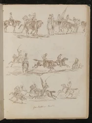 Tres estudios de soldados a caballo inscritos "Caballería Garibaldina"