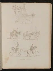 Fuente de agua en follaje, estudio de tres caballos de carga unidos, estudio de dos soldados a caballo