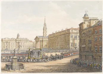 El coche fúnebre y la procesión en el funeral de estado del Duque de Wellington pasando por Mansion House el 18 de noviembre de 1852