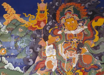 Fresco que representa deidades coloridas, Monasterio Budista Lamayuru (Lamayuru Gompa), Himalayas, distrito de Ladakh, estado de Jammu y Cachemira, India