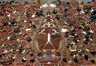 Pintura de estilo Wayang Beber inspirada en el teatro de sombras Wayang Kulit, palacio Mangkunegaran, Surakarta, Java, Indonesia
