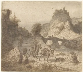 Paisaje de montaña con castillo y figuras