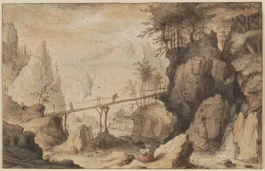 Dibujante sobre una piedra antes de un puente