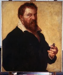 Autorretrato (Autorretrato). Retrato del artista con sus gafas en la mano. Pintura de Lambert Lombard (1505-1566)