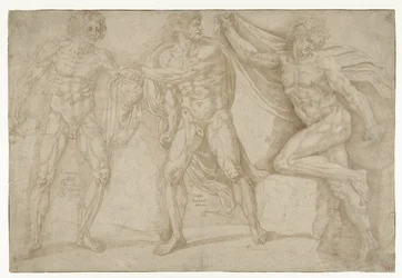 Tres hombres desnudos en diferentes posturas