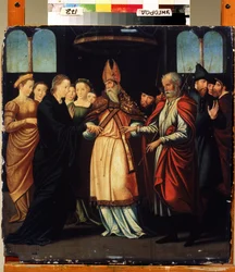 Las bodas de María y José (Las bodas de María con José). Pintura de Lambert Lombard (1505-1566). arte renacentista. Óleo sobre madera. Museo de Arte Regional, Uzhhorod (Uzhgorod o Uzhgorod), Ucrania