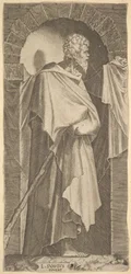 San Jaime Menor en un nicho arqueado, sosteniendo un bastón en sus manos, 1545