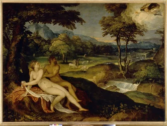 Júpiter e Ío. Pintura de Lambert Sustris (1515 o 1520 - después de 1591), óleo sobre lienzo, entre 1558 y 1563. Arte italiano (Venecia)