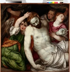 Piedad con ángeles. Pintura de Lambert Sustris (1515-1584) Siglo XVI. Musei di Strada Nuova, Génova