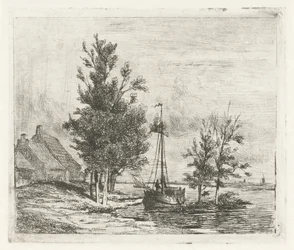 Paisaje fluvial con velero y granja.