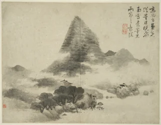 Paisaje al estilo de los antiguos maestros: después de Gao Shangshu, siguiendo a Dong Yuan (activo 937-975) y Ju Ran, y más tarde al estilo de Mi Fu (1051-1107)