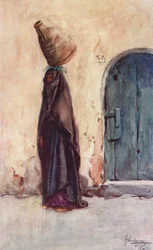 Pueblos de Egipto: Native Woman carrying Water-Jar, Fellaha Hamla el Belassi (litografía en color)