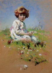Marjorie - a Una niña recogiendo margaritas (pastel sobre papel)