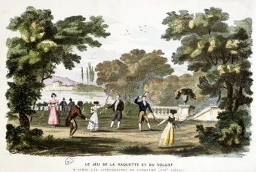 Juegos antiguos: el juego de raqueta y volante, antecesor del bádminton, basado en una litografía de Langlumé siglo XIX