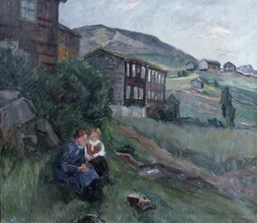 De Gudbrandsdalen, mujer y niño en paisaje