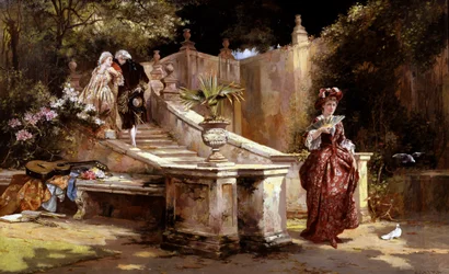 Una cita secreta. Una cita secreta. Una mujer en la escalera susurra al oído de un hombre, oculto tras un abanico (calumnia, cotilleo). Una joven al pie de la escalera sonríe sin volverse. Una guitarra con