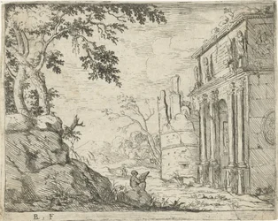 Dibujante en las ruinas de un arco triunfal Paisajes italianos con ruinas (título de serie)