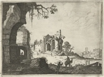 Dos ruinas en un paisaje Paisajes con edificios romanos antiguos (título de la serie)