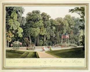 El Pabellón chino en los jardines de Laxenburg, Viena, grabado por Johann Ziegler (c. 1750-c. 1812)
