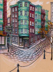 North Square Diner, 2025 (lápiz de color y tinta sobre papel entonado)