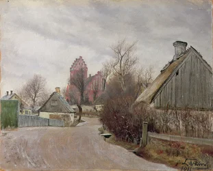 Gade i Hoje Taastrup (camino rural con cabañas y una iglesia alta) 1911