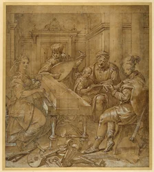 Una alegoría de la música: Fama en el virginal; dos jóvenes laudistas sentados; un anciano barbudo enseña a un niño a seguir una partitura