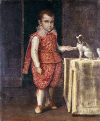 Retrato de un niño, de cuerpo entero, con un traje rojo bordado en plata, sosteniendo la pata de un spaniel sobre una mesa