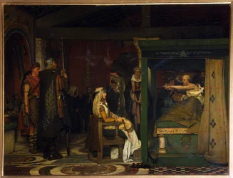 Fredegund (circa 545-597), reina de Neustria, visita al obispo Pretextat de Rouen (fallecido en 586) en su lecho de muerte (Fredegund visita al obispo Praetextats en su lecho de muerte) - Pintura de Sir Lawrence Alma-Tadema (Alma Tadema) (1836-1912) , óleo