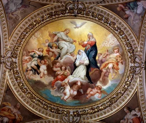 La Virgen Santa coronando a Santa Rosa de Lima con Jesús y el Espíritu Santo