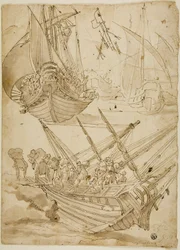 Tripulación abandonando el barco (recto); Bocetos de columnas corintias (verso)