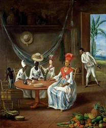 Una mujer mulata con su hija blanca visitada por mujeres negras en su casa en Martinica, 1775