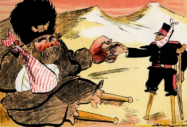 La Alianza del Futuro - "¡Deberíamos haber empezado así!" - Rusia y Japón se dan la mano. 1904 (litografía)