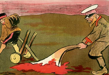 El arado de la civilización - Soldados rusos arando en los campos de batalla ensangrentados. 1904 (litografía)