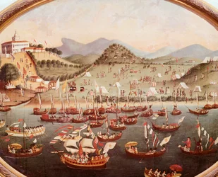 Procesión de barcos en el agua frente al Hospital Lazares, Río de Janeiro