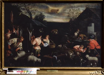 ""El mes de abril"" (abril) Esquila de ovejas. Símbolo de signo de Tauro en el cielo. Pintura de Leandro Bassano da Ponte (1557-1622) 1595-1600 Dim. 144x190 cm Museo Estatal de Arte Tula Rusia