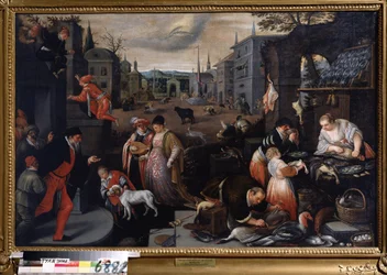 ""Le mois de fevrier"" (febrero) Escena de paseo en época de Carnaval. Piscis firma el símbolo en el cielo. Pintura de Leandro Bassano da Ponte (1557-1622) 1595-1600 Dim. 144x190 cm Museo Estatal de Arte Tula Rusia