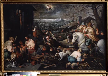 ""El mes de enero"" (Enero) Cazadores, mujeres hilando lana. Símbolo de Acuario en el cielo. Pintura de Leandro Bassano da Ponte (1557-1622) Dim. 146 x 192 cm Museo Estatal de Arte Tula Rusia