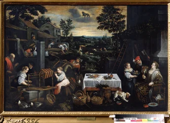 ""El mes de julio"" (julio) Trabajo en la finca, el dueño de la propiedad degusta los frutos de la huerta, los campesinos trabajan en los campos (trillando trigo con un mayal). Símbolo de signo de león en el cielo. Pintura de Leandro Bassano da Pont