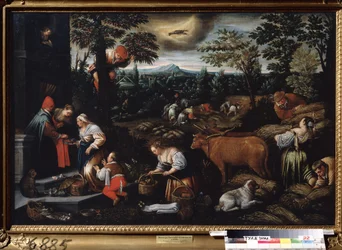 ""El mes de junio"" (junio) El trabajo de la granja, recogiendo cerezas y recogiendo trigo. Símbolo de signo de cáncer en el cielo. Pintura de Leandro Bassano da Ponte (1557-1622) 1595-1600 Museo Estatal de Arte Tula Rusia