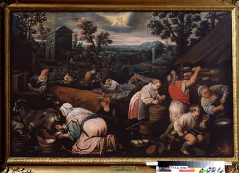 ""El mes de mayo"" (Mayo) Ordeñar cabras, hacer queso. Símbolo de signo de Géminis en el cielo. Pintura de Leandro Bassano da Ponte (1557-1622) 1595-1600 Museo Estatal de Arte Tula Rusia