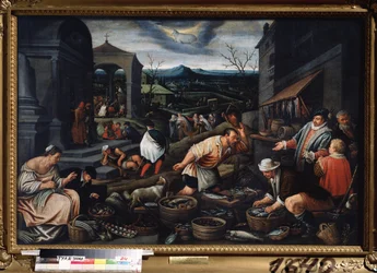 ""El mes de marzo"" (marzo) Escena del mercado de pescado. Símbolo de signo de Aries en el cielo. pintura de Leandro Bassano da Ponte (1557-1622) Dim. 80x121 cm Museo Estatal de Arte Tula Rusia