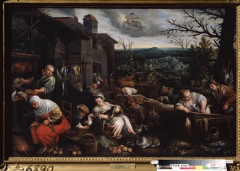 ""El mes de noviembre"" (Noviembre) Una mujer asa castañas, otra se encarga de preparar las ocas. Símbolo del signo de sagitario en el cielo. Pintura de Leandro Bassano da Ponte (1557-1622) 1595-1600 Museo Estatal de Arte Tula Rusia
