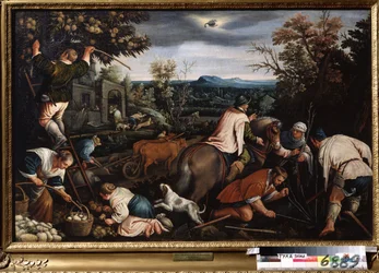 ""El mes de octubre"" (Octubre) Trabajo en el campo. Los agricultores plantan árboles. Símbolo del signo del escorpión en el cielo. Pintura de Leandro Bassano da Ponte (1557-1622) 1595-1600 Museo Estatal de Arte Tula Rusia